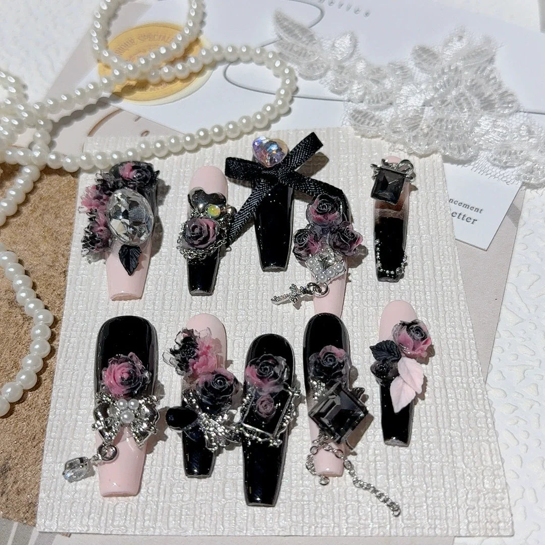 10Pcs Black Ballet Long Handmade Nails Luxury 3D Butterfly Metallic Roses Design Manicure with Glitter Gradient Diamond Nail Art
