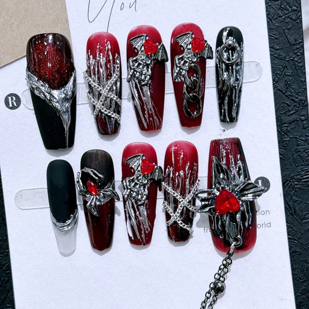 10Pcs Gothic Long Pointed Shape Pure Handmade Press On Nails Y2K Metal Chain Butterfly Knot Full Cover Fake Nails Gift Sticker
