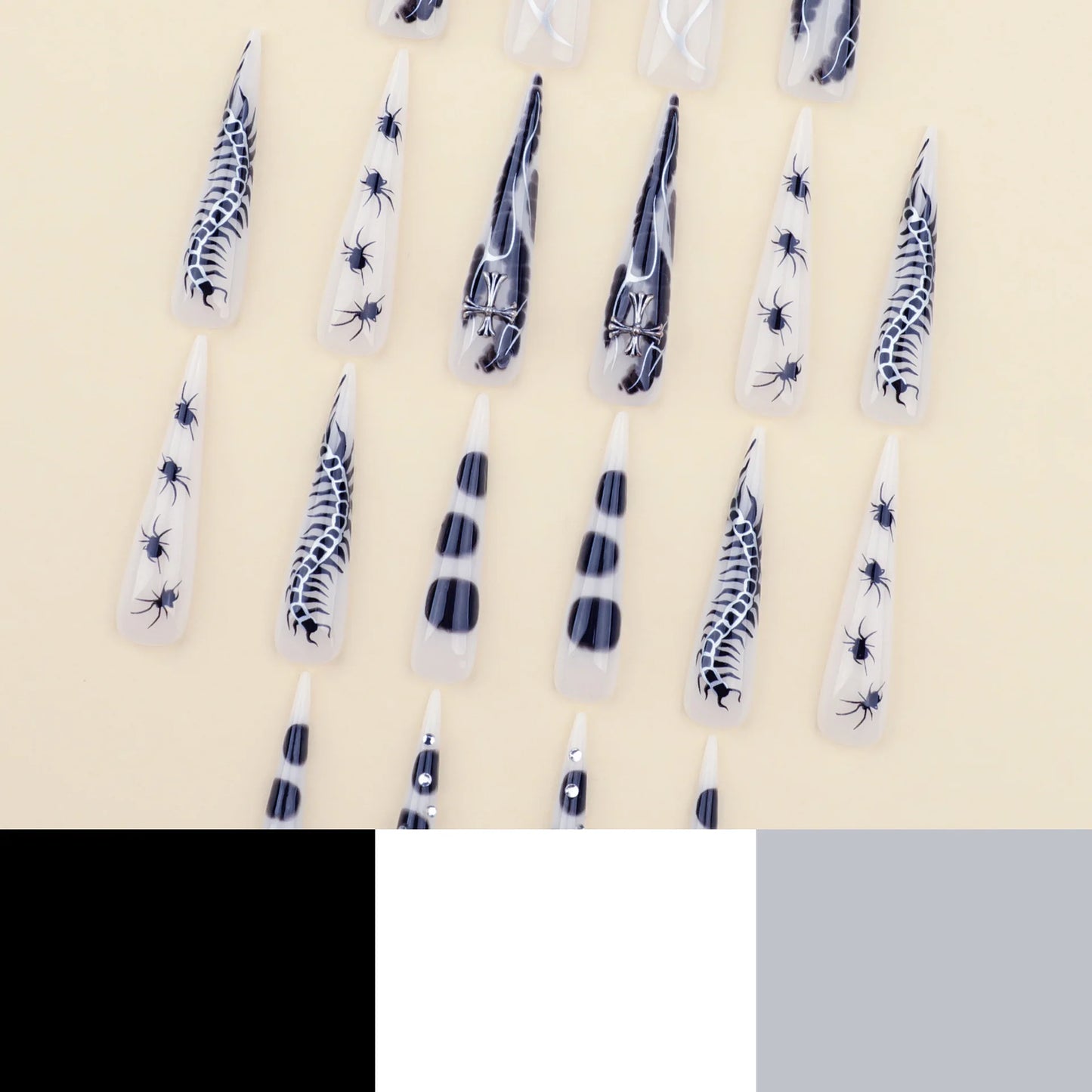 24pcs Spicy Girl Press on Nails Y2k Sliver Flame Black Spider Long Pointed False Nails European Crocodile Pattern Fake Nail Tips