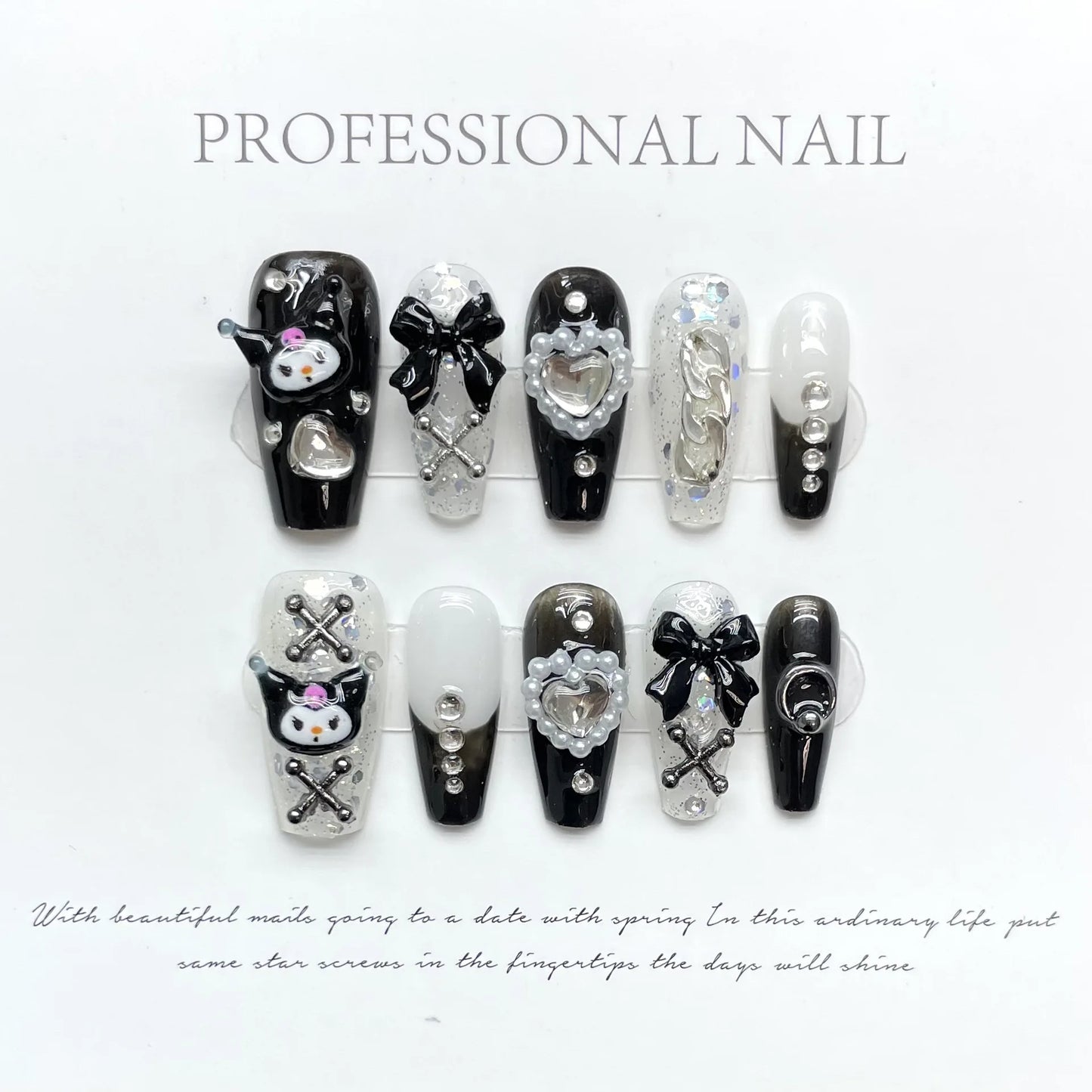10pcs Y2k Handmade Press On Nails Purple French Style Black Mid-length T False Nails 3D Heart Cartoon Metal Chain Decor Manicure