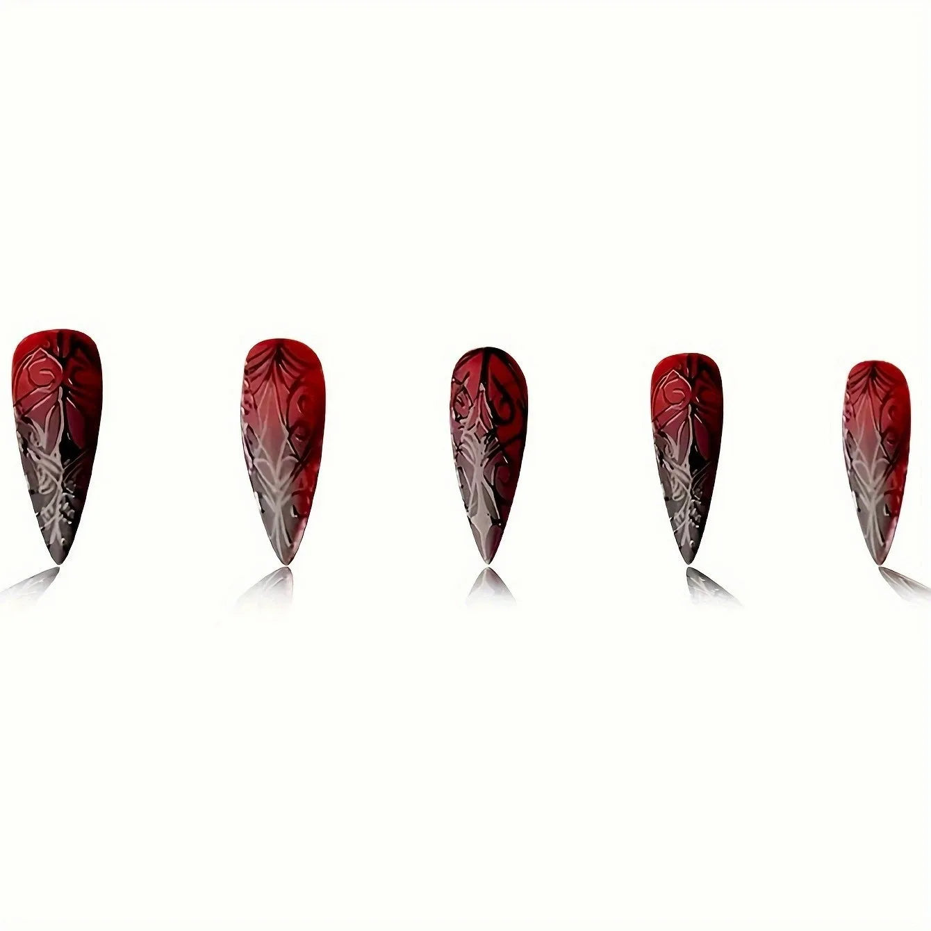 24pcs Red Black Gradient Gothic Fake Nails Press on Nails Long Almond Tree Stripes Designs Ins Punk Frosted False Nails Stiletto