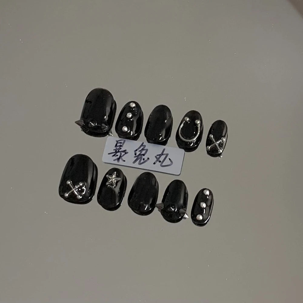 Y2K Punk Style Long Coffin Stiletto Handmade Fake Nails Spice Girls 3D Hello Kitty Flowers Heavy Metal Diamond Wearable Nails