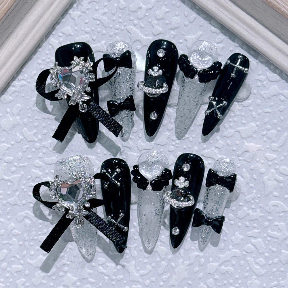 10Pcs Gothic Long Pointed Shape Pure Handmade Press On Nails Y2K Metal Chain Butterfly Knot Full Cover Fake Nails Gift Sticker