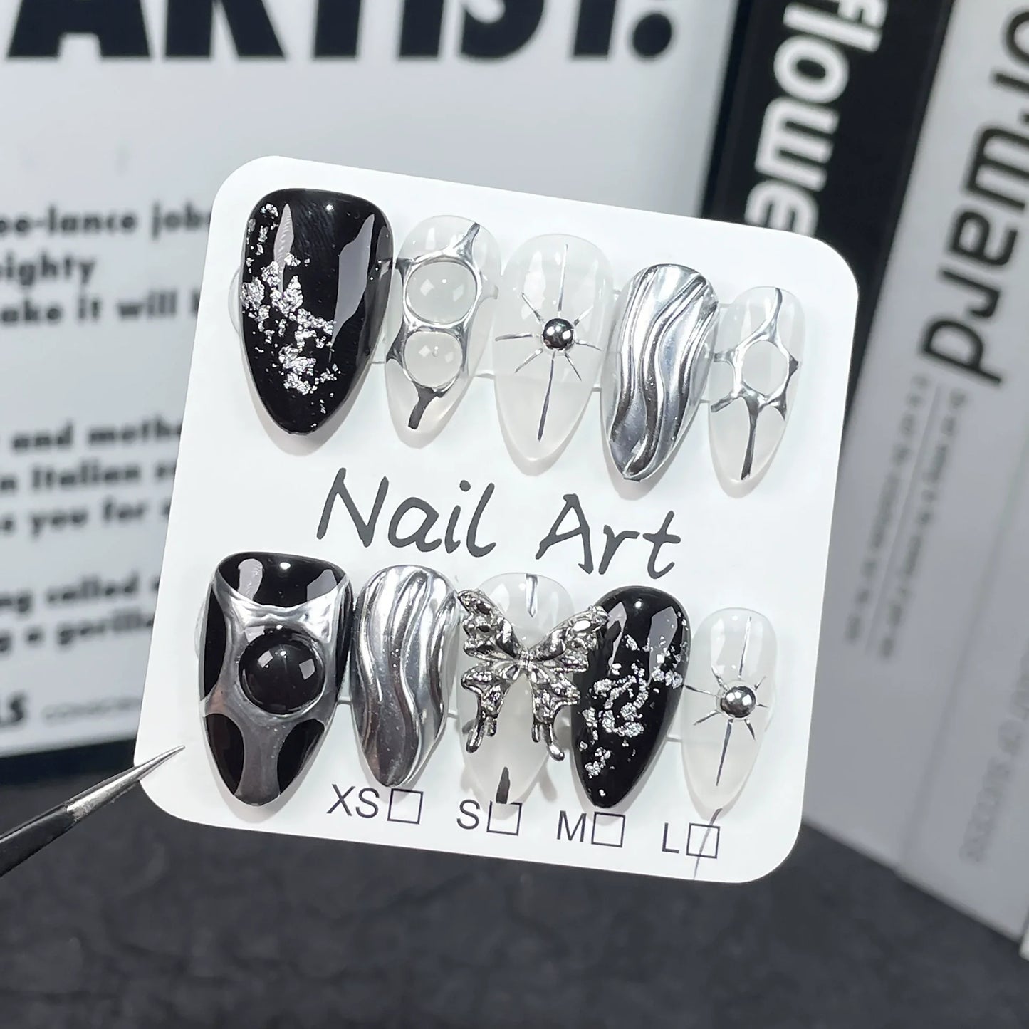 10Pcs Black Almond Handmade Press on Nails Butterfly Fake Nails Wearable Stick-on Nails Rose False Nail Uñas Postizas Uñas 네일팁