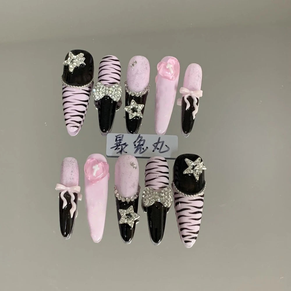 Y2K Punk Style Long Coffin Stiletto Handmade Fake Nails Spice Girls 3D Hello Kitty Flowers Heavy Metal Diamond Wearable Nails