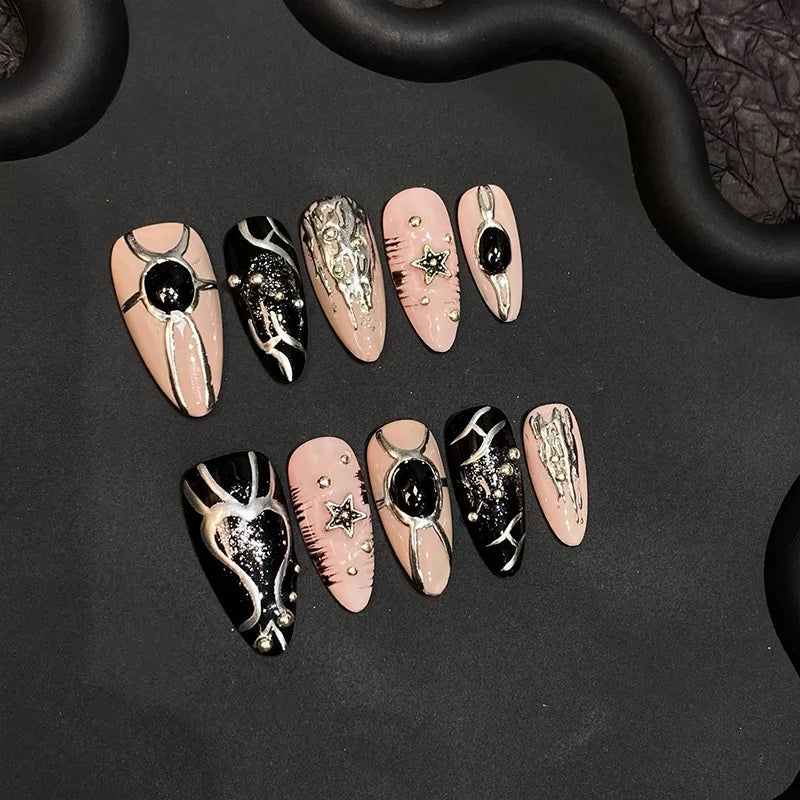 10pcs Handmade Black Irregular Mirror Powder Fake Nails Sweet Cool Spicy Girl False Nails Wearable Almond Press on Nails