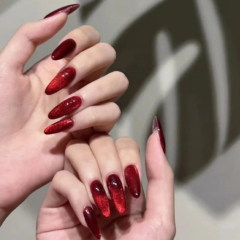 24pcs Red Black Gradient Gothic Fake Nails Press on Nails Long Almond Tree Stripes Designs Ins Punk Frosted False Nails Stiletto