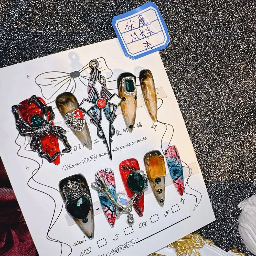 10Pcs High Quality Handmade Press on Nails Suppressing Demons Color Collision Heavy Industry Golden 3D Cross Luxurious Dark Real