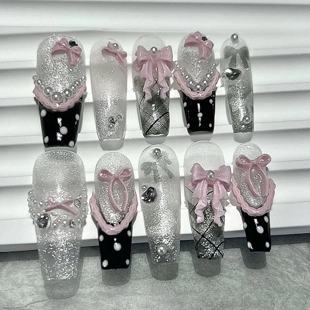 10PCS Y2K Black Pink French Handmade Press On Nails Cute Lace Ribbon Polka Dot Bow Long Nail Art Sweet Edgy Glitter Fake Nails