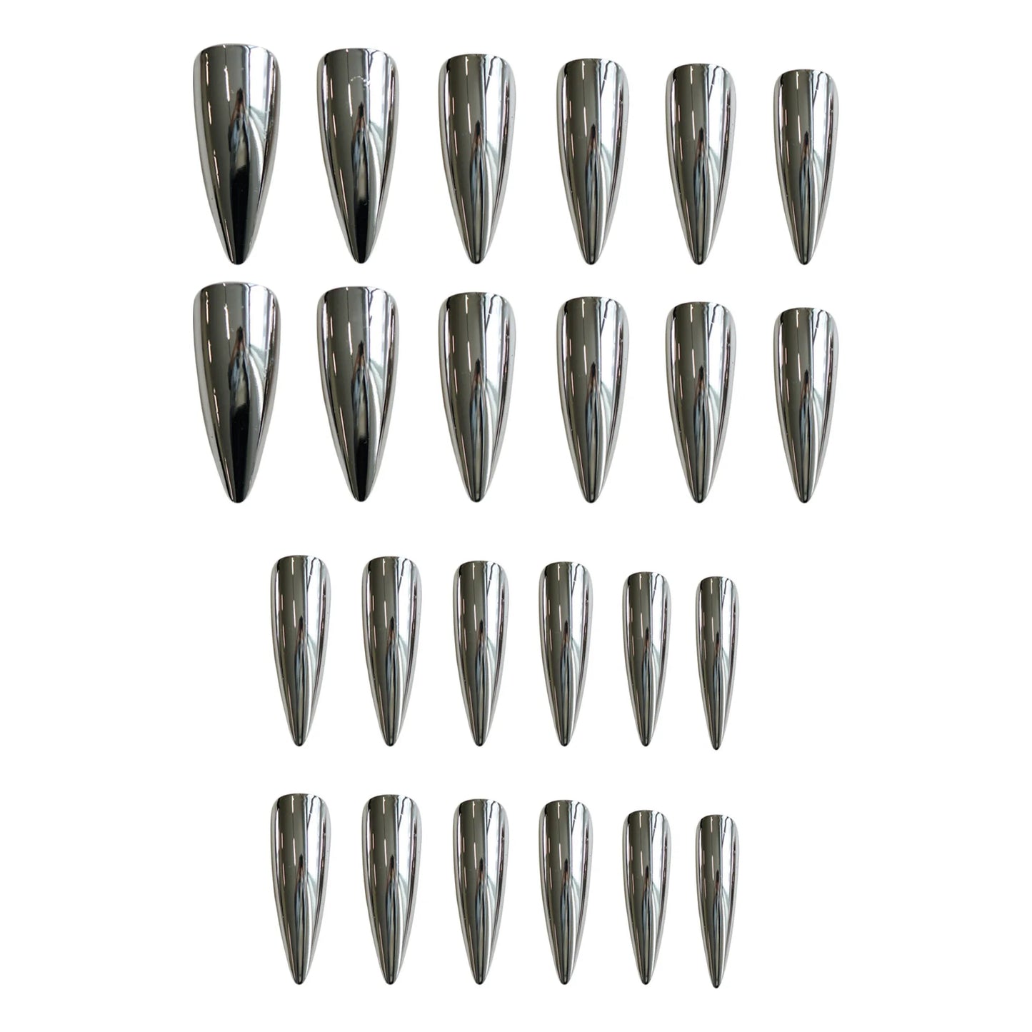 24pcs Punk Metal Fake Nails Press On Finished Long Pointed Silver Mirror y2k Nail Tips Full Cover Stiletto False Nails For Girl