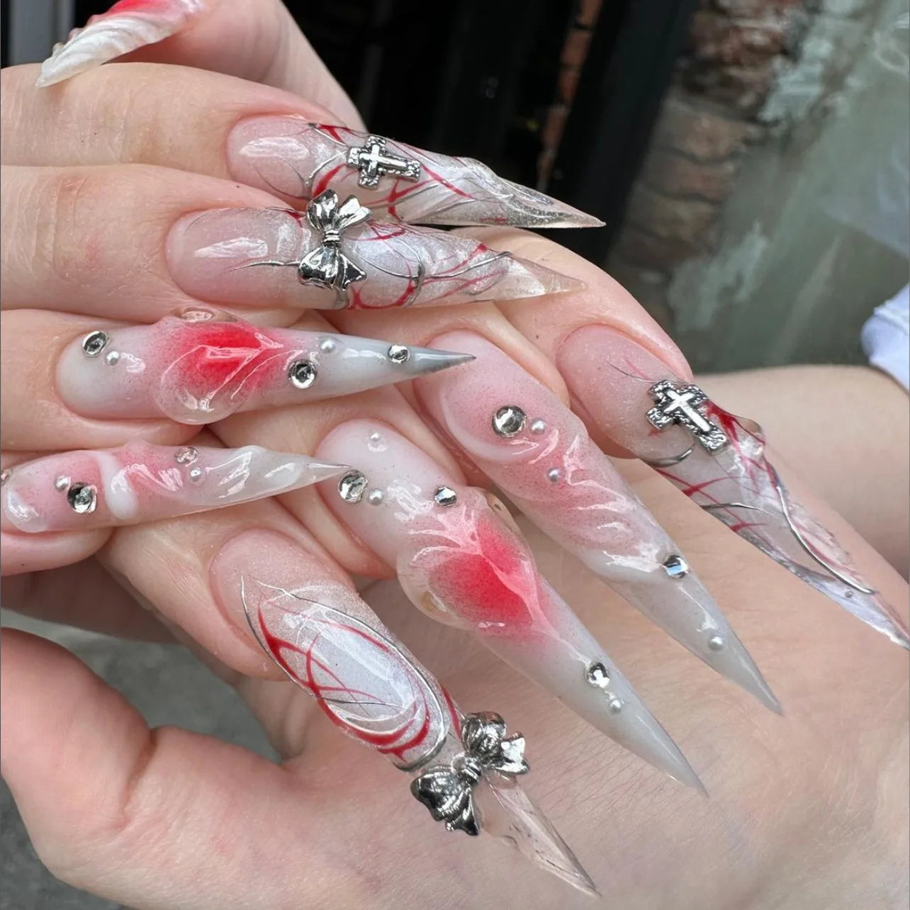 24pcs Long Almond Fake Nails Gothic Dark Black Style Press on Nails Full Cover Wearable European Heavy Metal False Nail Tips