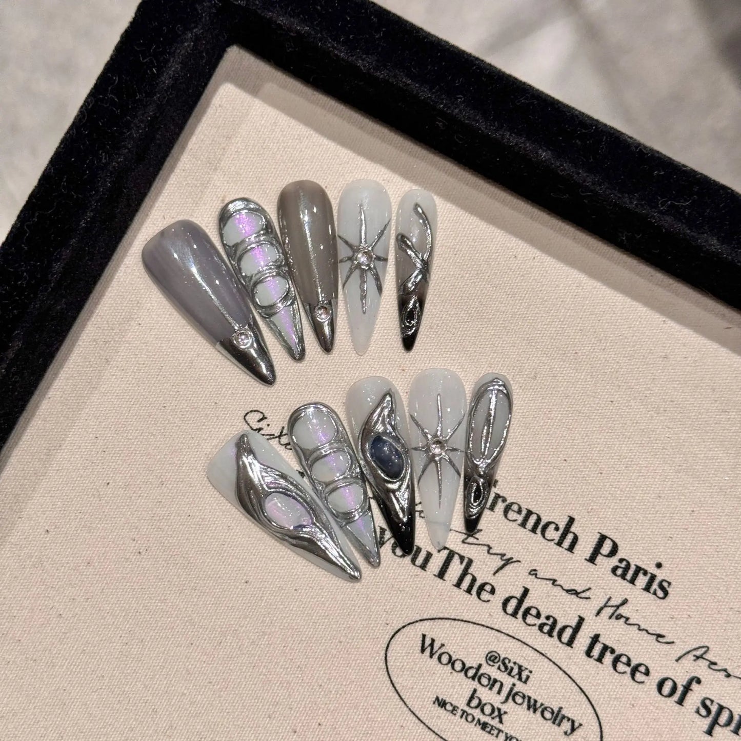 Long Stiletto Press on Fake Nails Blue Heart Diamond Bow Decoration False Nail Y2K Fashion Artificial Nail Handmade Acrylic Nail