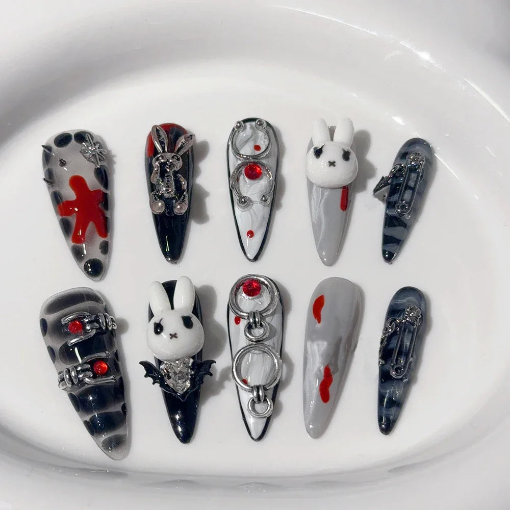 10Pcs Gothic Long Pointed Shape Pure Handmade Press On Nails Y2K Metal Chain Butterfly Knot Full Cover Fake Nails Gift Sticker
