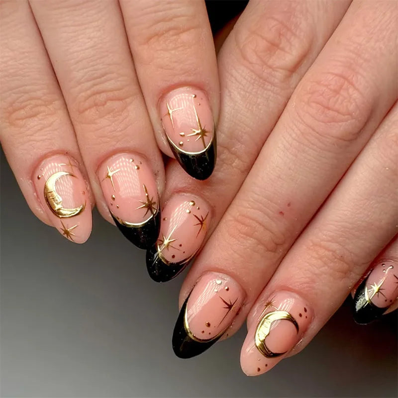 24pcs Gothic Punk Press on Nails Black White Cow Print Baroque Fake Nails for Women Girls Wearable French Almond False Nails