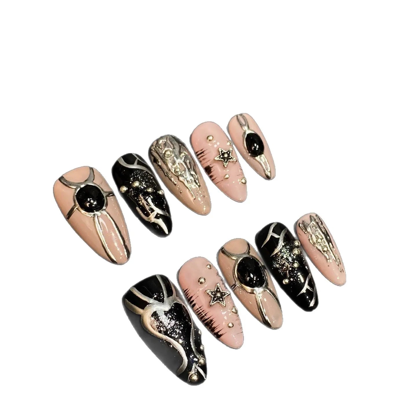 10pcs Handmade Black Irregular Mirror Powder Fake Nails Sweet Cool Spicy Girl False Nails Wearable Almond Press on Nails
