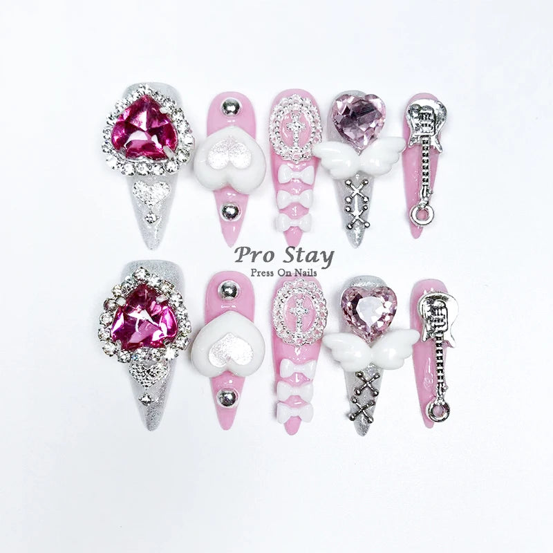 10pcs Dark black Y2k Hot Girl Handmade Press On Nails Sweet Cool With Diamond Metal Decoration Wearable Artificial False Nail