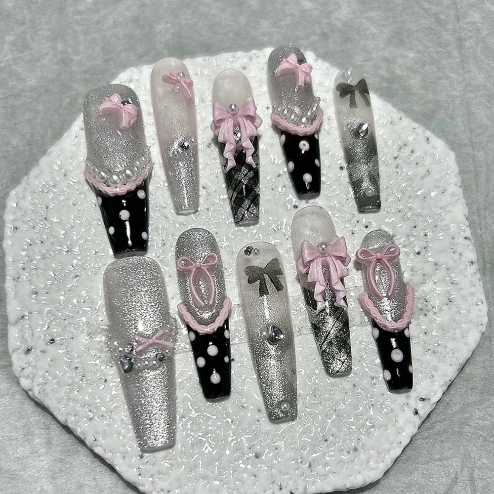 10PCS Y2K Black Pink French Handmade Press On Nails Cute Lace Ribbon Polka Dot Bow Long Nail Art Sweet Edgy Glitter Fake Nails