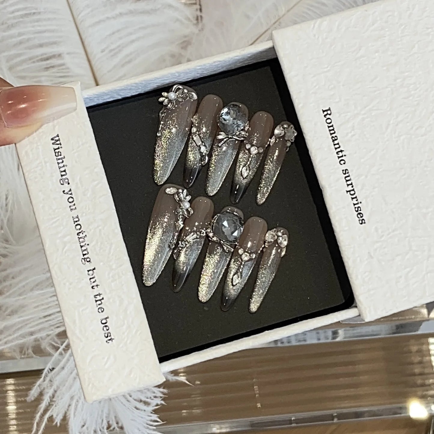 10pc detachable stiletto almond dark cool y2k press on nails ballet Black chain handmade full cover fake nail with glue Nail Art