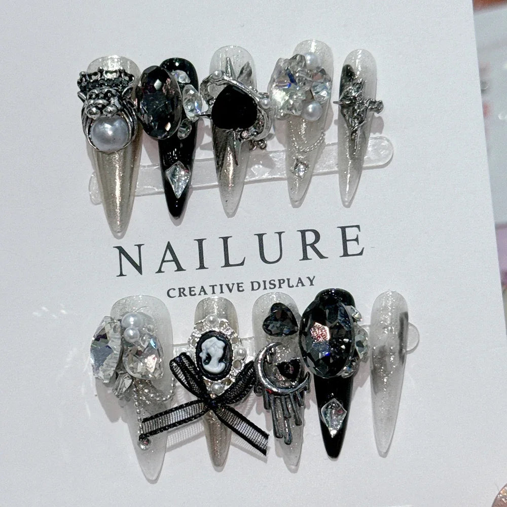10Pcs Gothic Long Pointed Shape Pure Handmade Press On Nails Y2K Metal Chain Butterfly Knot Full Cover Fake Nails Gift Sticker