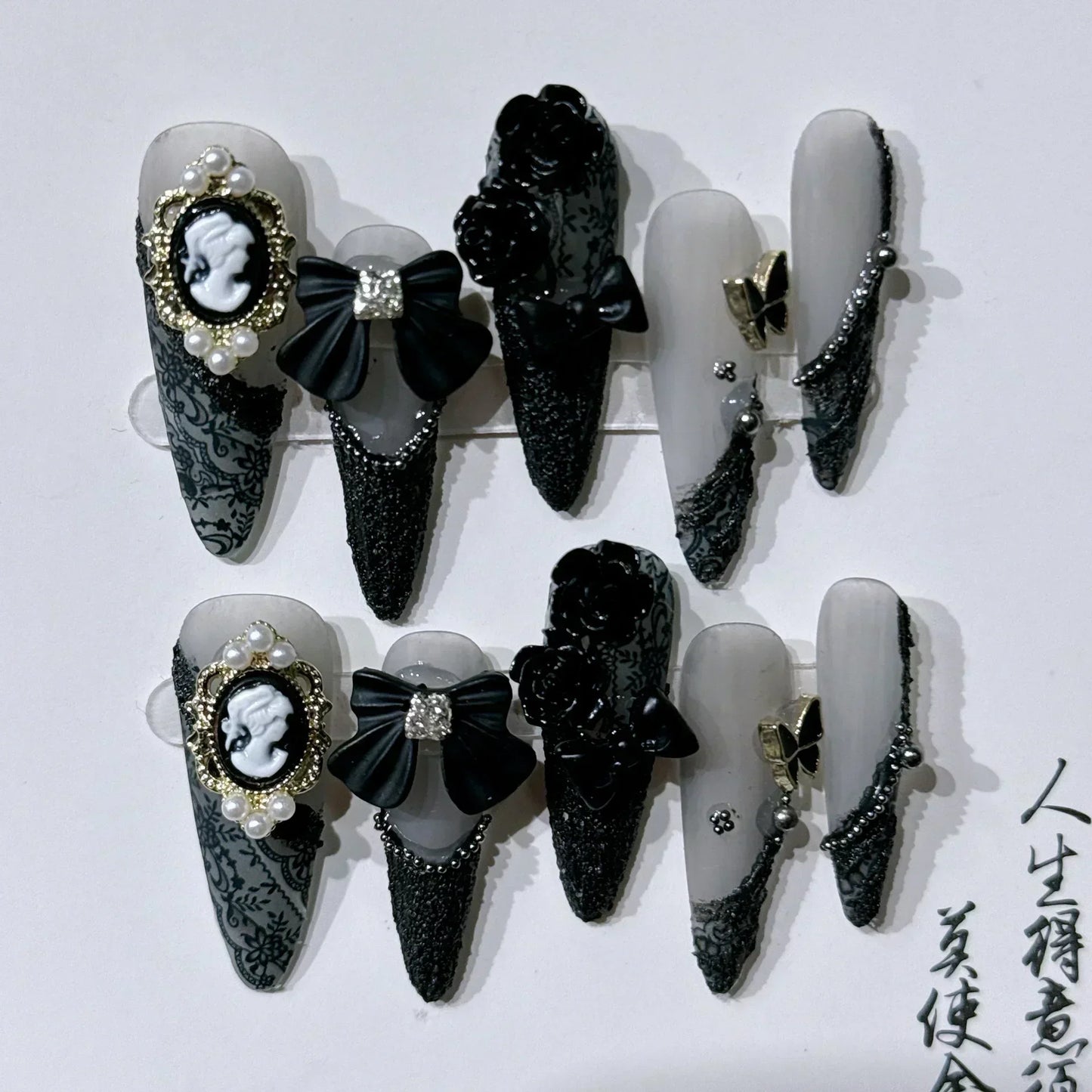 10pc detachable stiletto almond dark cool y2k press on nails ballet Black chain handmade full cover fake nail with glue Nail Art