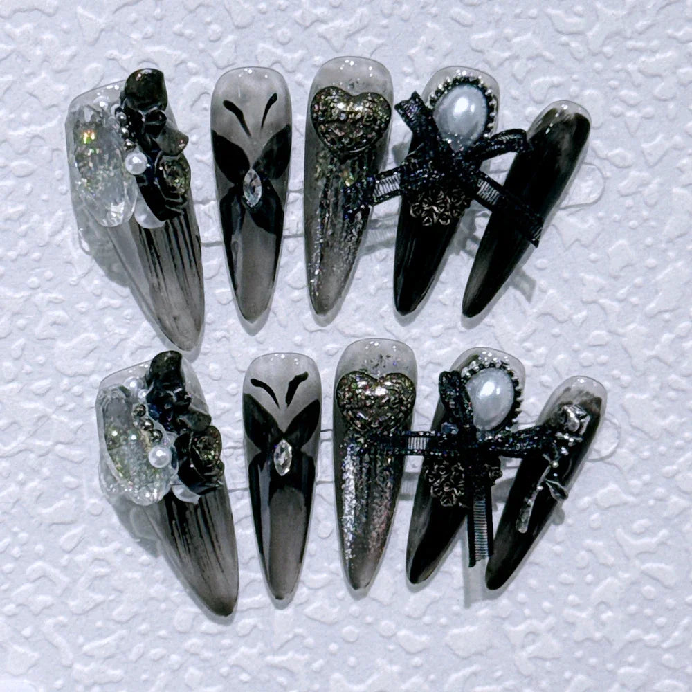 10Pcs Gothic Long Pointed Shape Pure Handmade Press On Nails Y2K Metal Chain Butterfly Knot Full Cover Fake Nails Gift Sticker