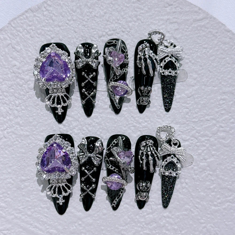 10Pcs Gothic Long Pointed Shape Pure Handmade Press On Nails Y2K Metal Chain Butterfly Knot Full Cover Fake Nails Gift Sticker