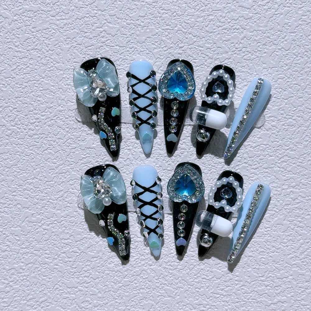10Pcs Gothic Long Pointed Shape Pure Handmade Press On Nails Y2K Metal Chain Butterfly Knot Full Cover Fake Nails Gift Sticker