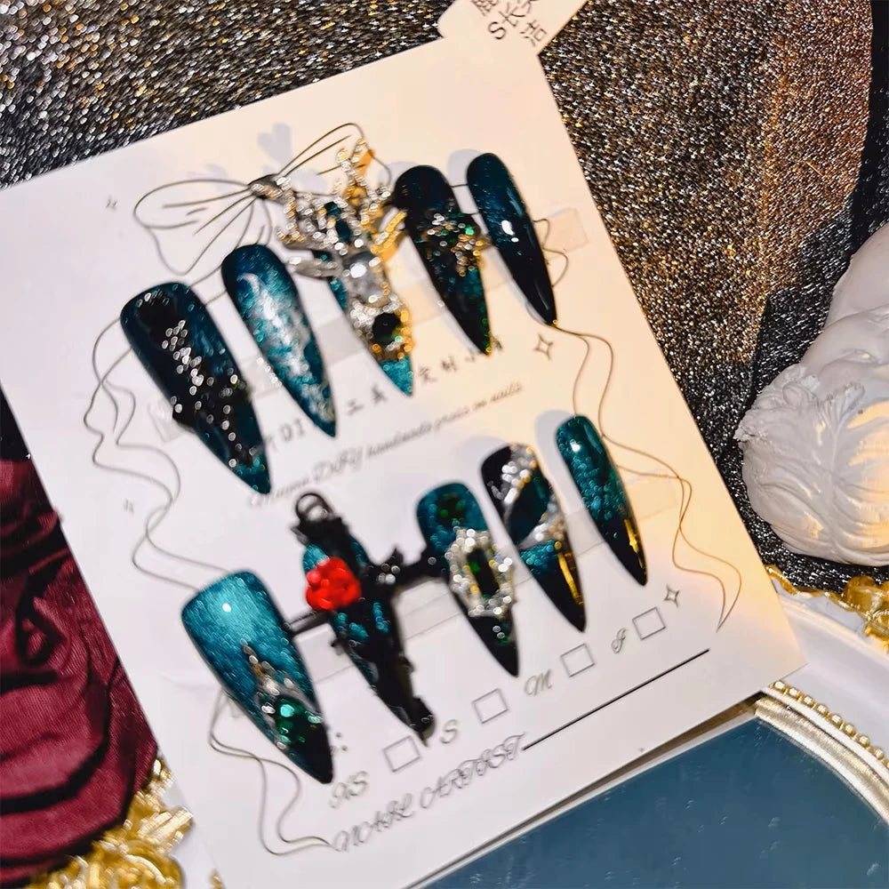 10Pcs High Quality Handmade Press on Nails Extra longue Dragon Magique Heavy Work Power Game Goth Noir Niche Hottie Personnalité