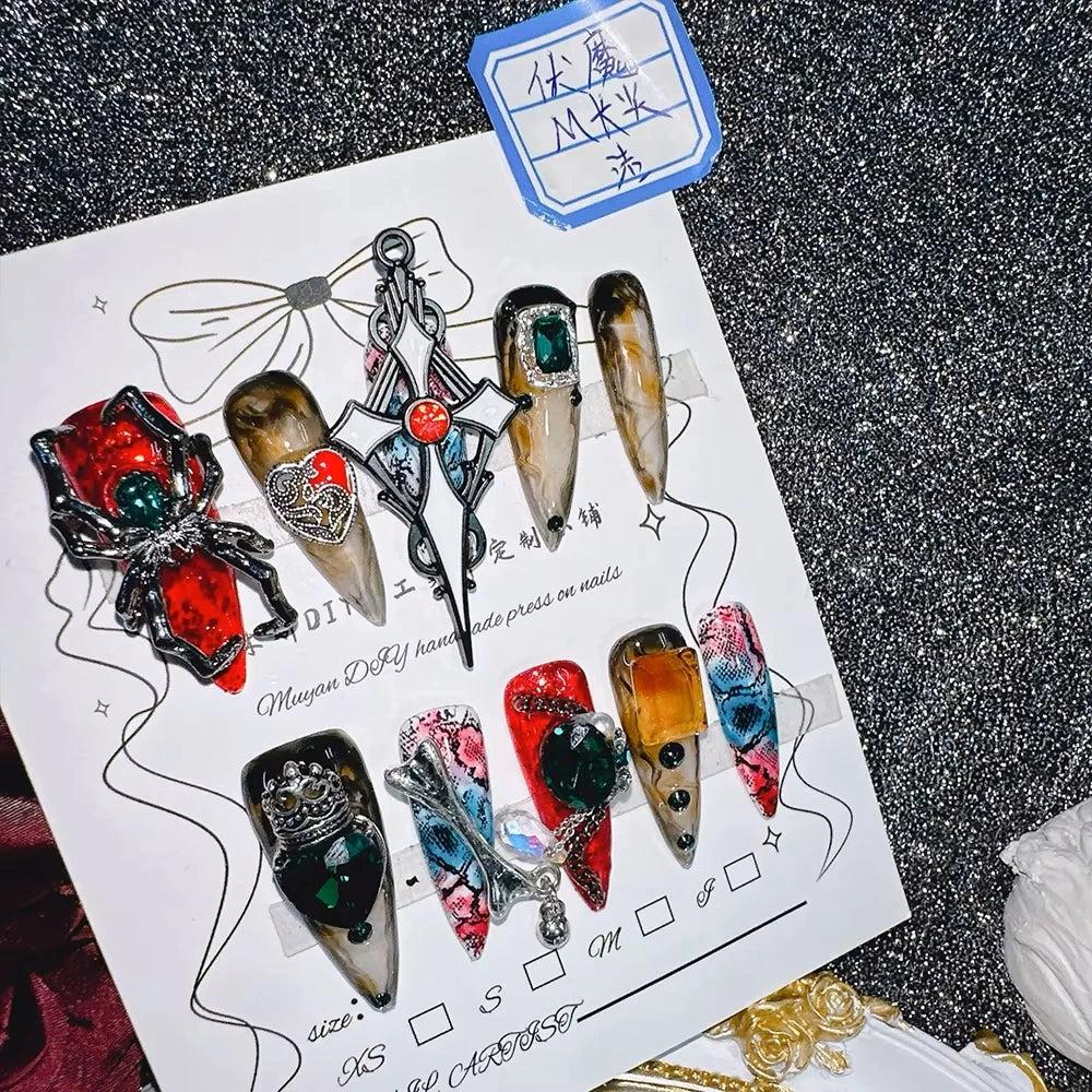 10Pcs High Quality Handmade Press on Nails Suppressing Demons Color Collision Heavy Industry Golden 3D Cross Luxurious Dark Real