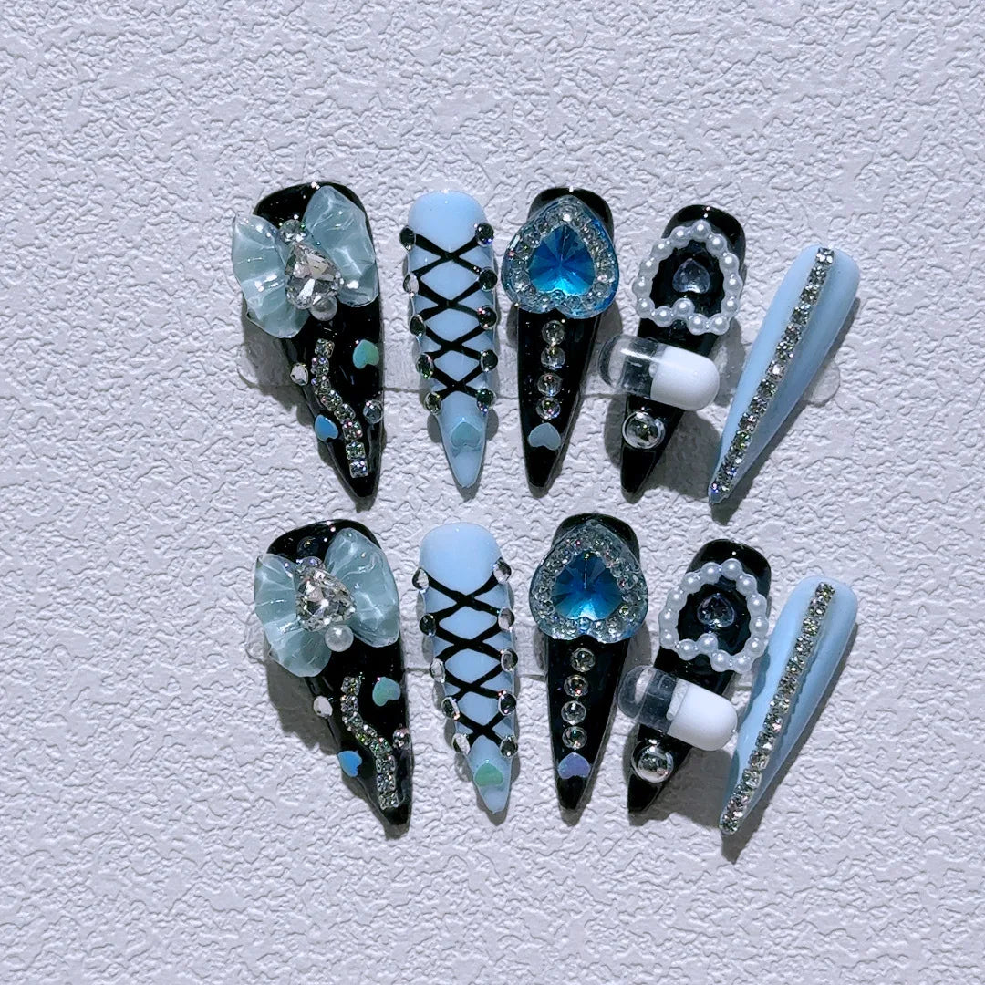 Long Stiletto Press on Fake Nails Blue Heart Diamond Bow Decoration False Nail Y2K Fashion Artificial Nail Handmade Acrylic Nail