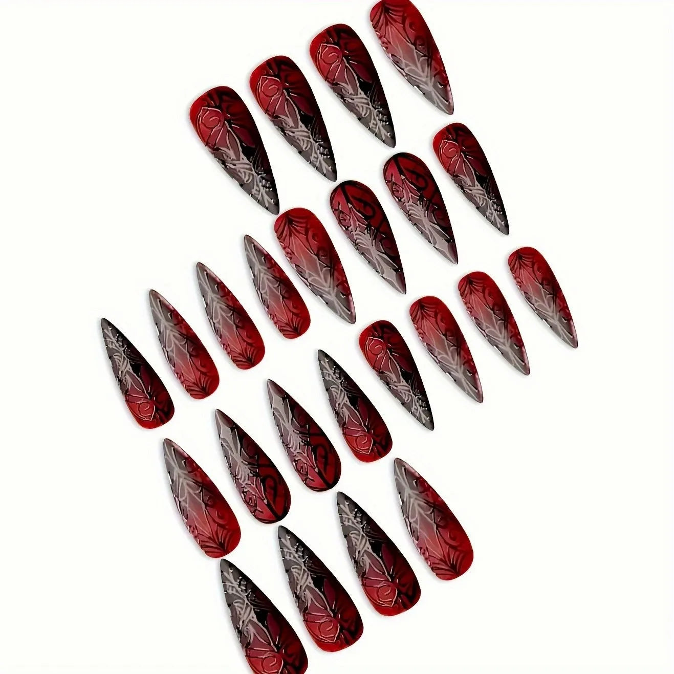 24pcs Red Black Gradient Gothic Fake Nails Press on Nails Long Almond Tree Stripes Designs Ins Punk Frosted False Nails Stiletto