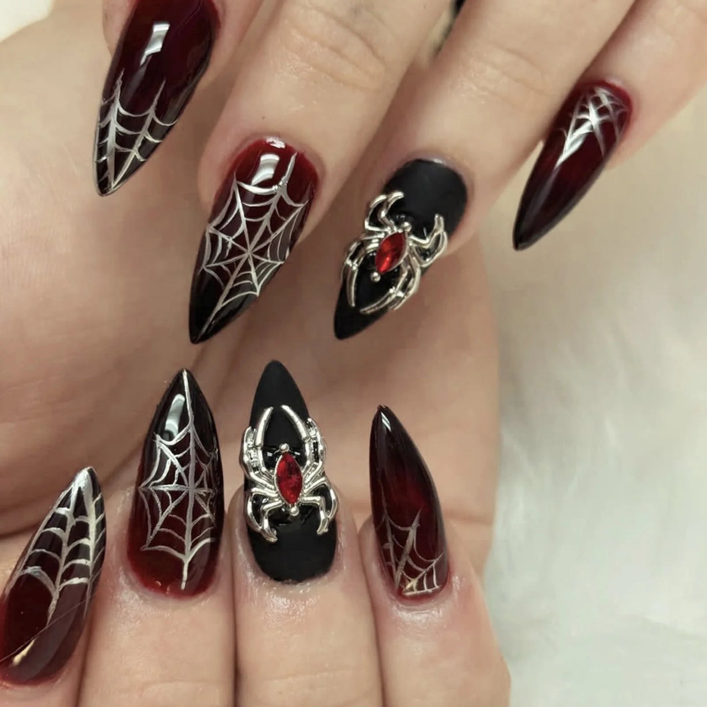 24pcs Red Black Gradient Gothic Fake Nails Press on Nails Long Almond Tree Stripes Designs Ins Punk Frosted False Nails Stiletto