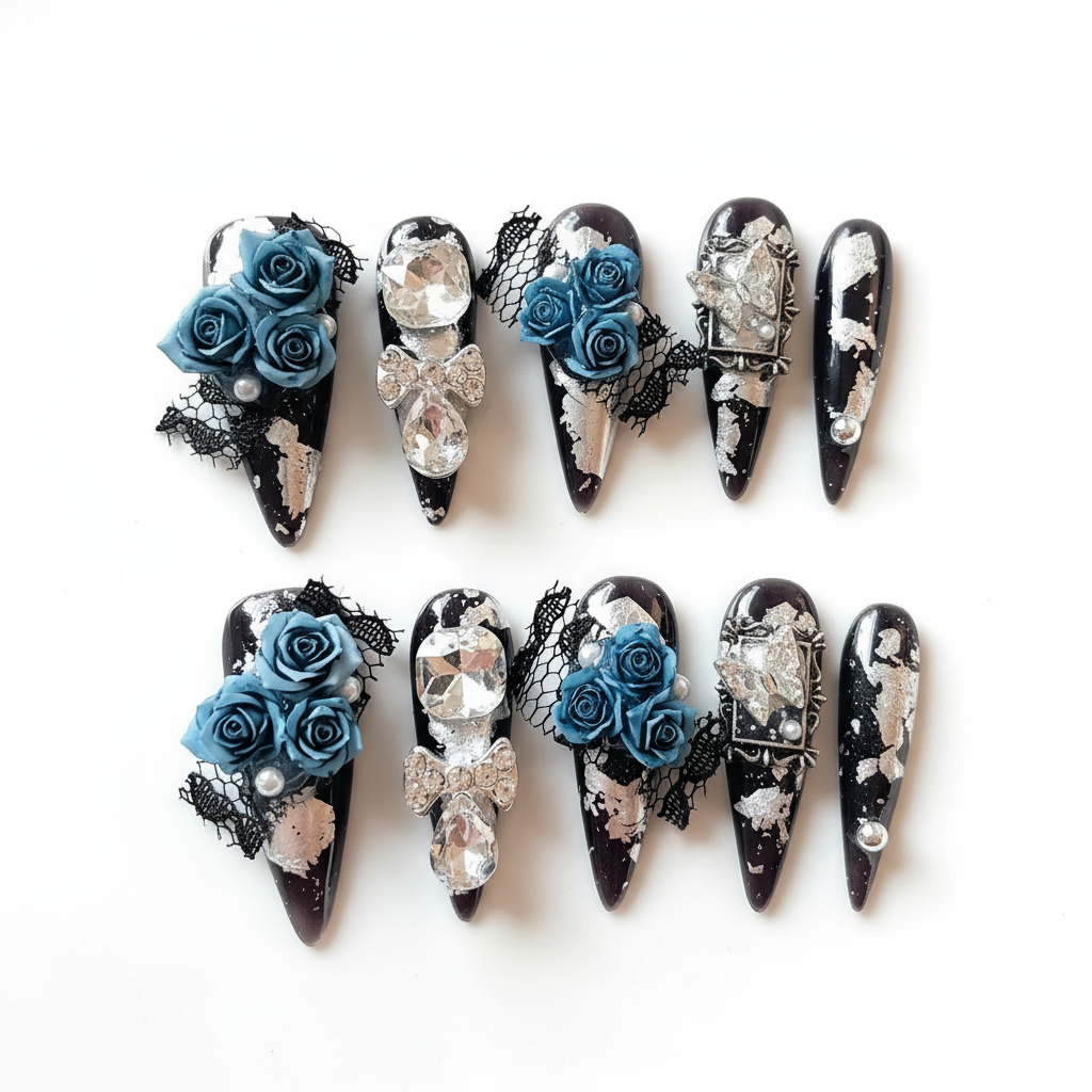 10pcs Diamond Rose Lace Presson Nails 3D Floral ABS Resin