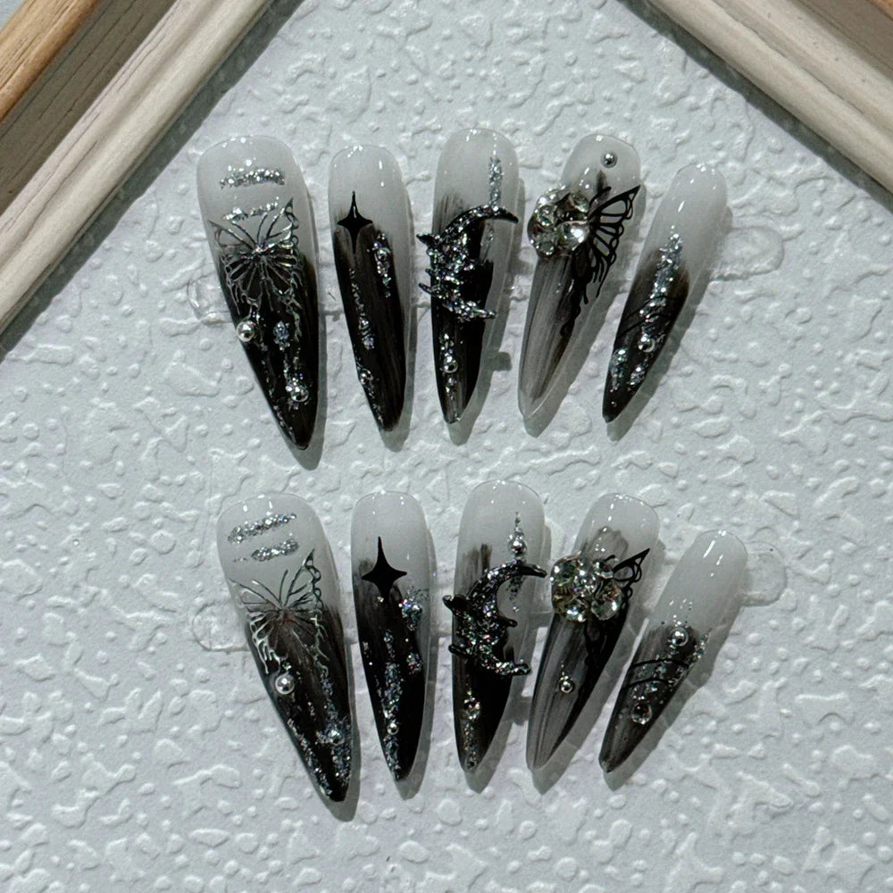 10Pcs Gothic Long Pointed Shape Pure Handmade Press On Nails Y2K Metal Chain Butterfly Knot Full Cover Fake Nails Gift Sticker