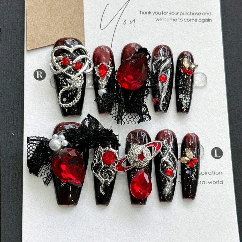 10Pcs Gothic Long Pointed Shape Pure Handmade Press On Nails Y2K Metal Chain Butterfly Knot Full Cover Fake Nails Gift Sticker