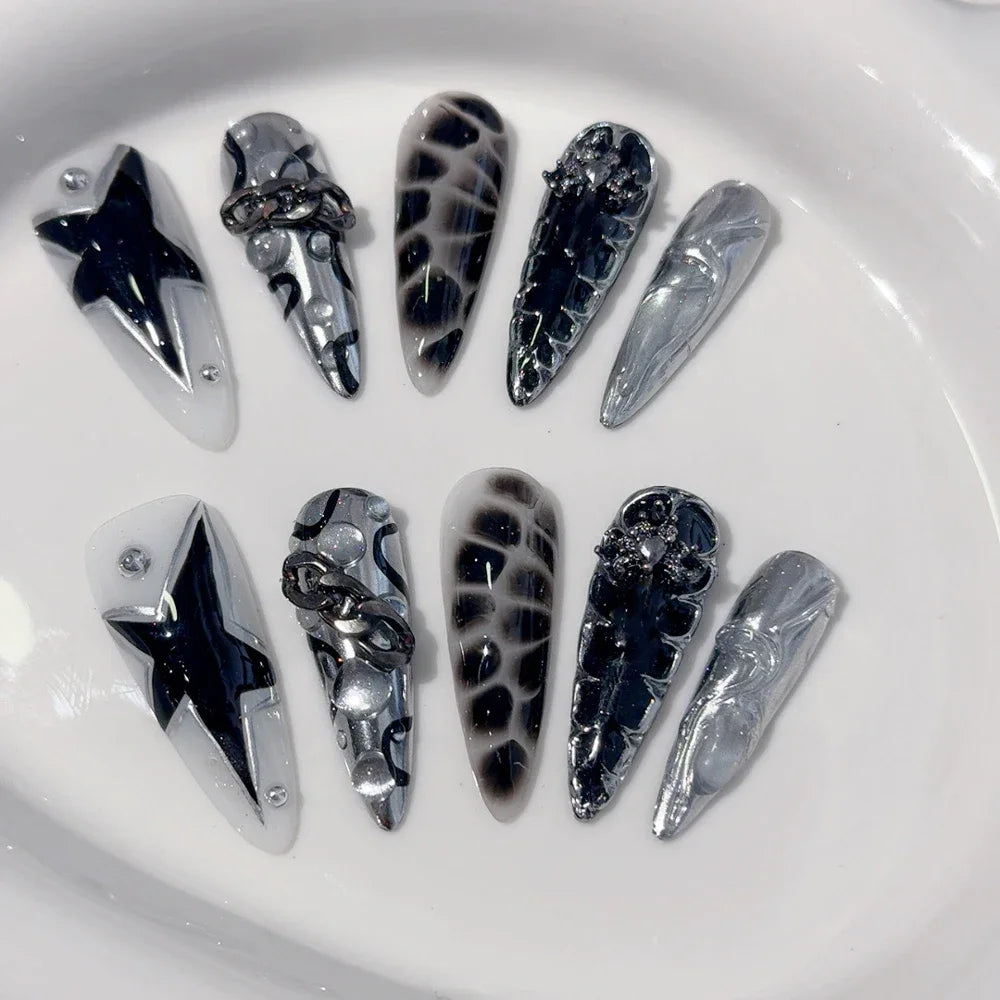 10Pcs Gothic Long Pointed Shape Pure Handmade Press On Nails Y2K Metal Chain Butterfly Knot Full Cover Fake Nails Gift Sticker