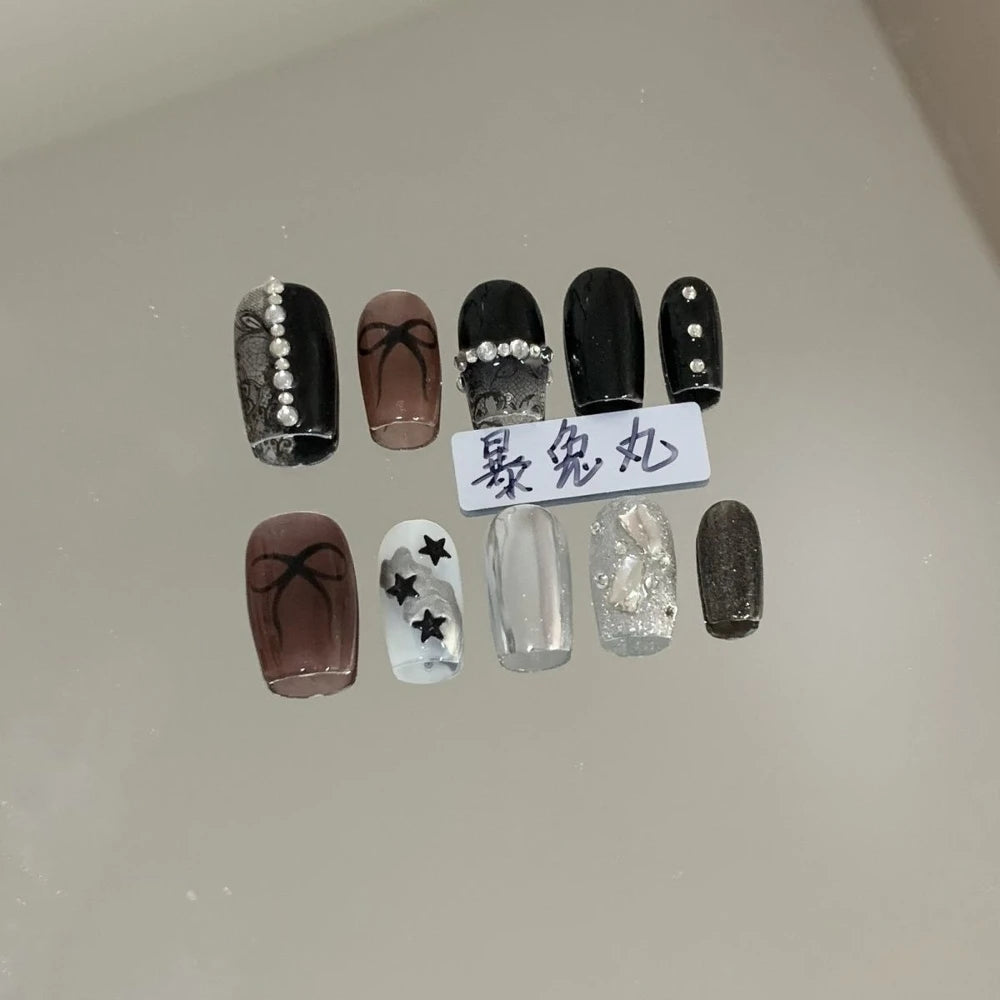 Y2K Punk Style Long Coffin Stiletto Handmade Fake Nails Spice Girls 3D Hello Kitty Flowers Heavy Metal Diamond Wearable Nails