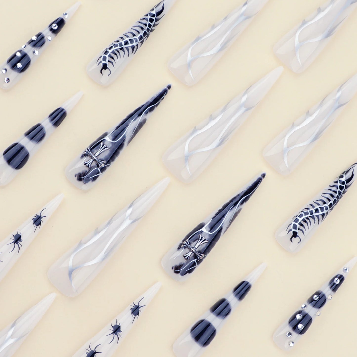 24pcs Spicy Girl Press on Nails Y2k Sliver Flame Black Spider Long Pointed False Nails European Crocodile Pattern Fake Nail Tips