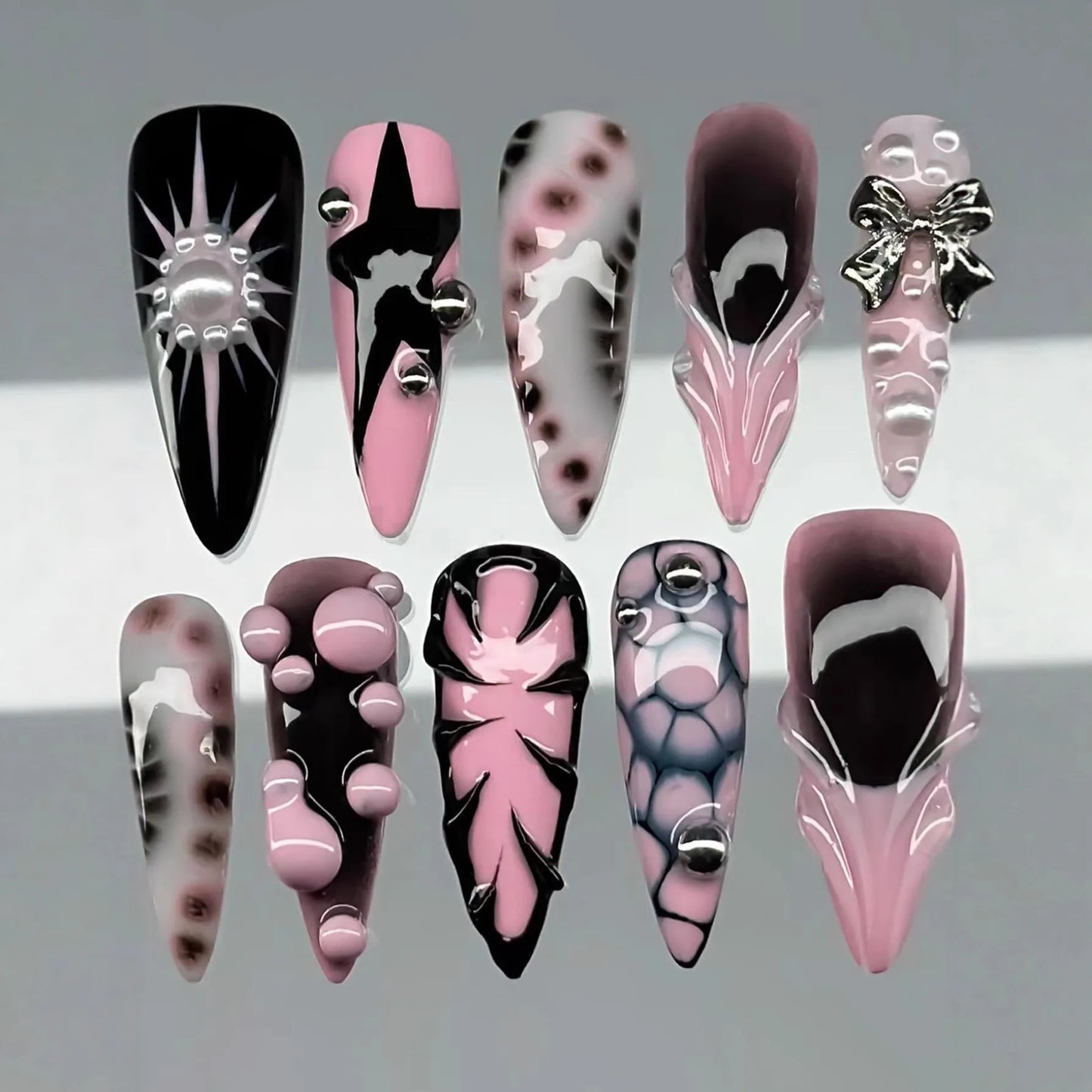 10pcs Sweet Cool Pink Black Press on Nails Handmade Leopard Print Fake Nails for Women Wearable European Gothic Punk False Nails