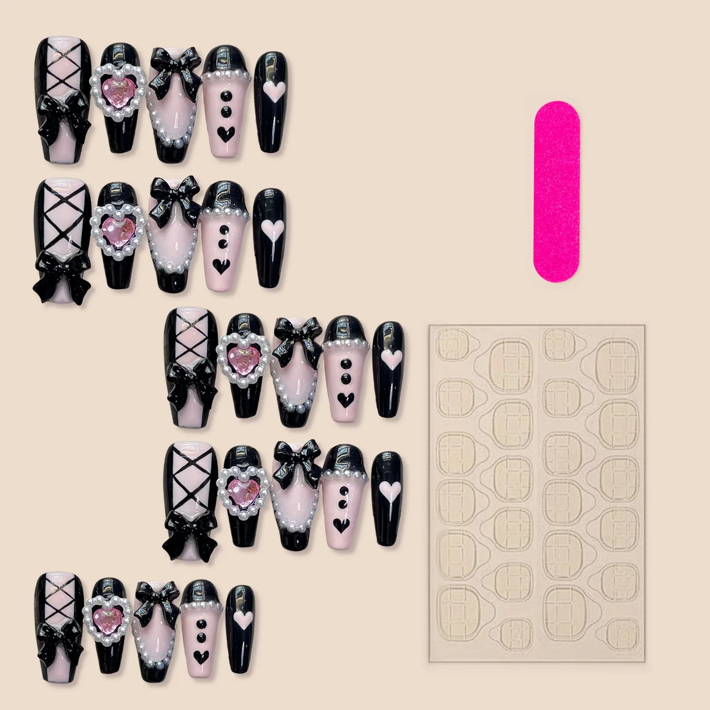 10pcs Handmade Pink Black Heart False Nails With 3D Bows Decor Y2k Press On Nails Long Ballerina Coffin Fake Nails For Hot Girl