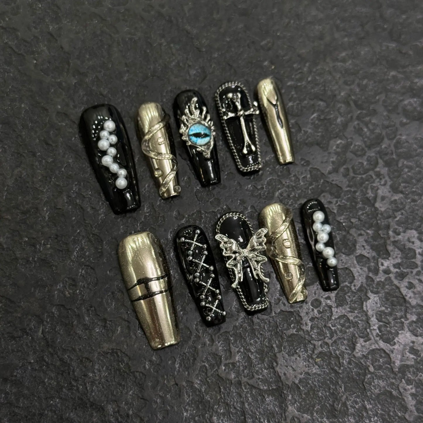 10pcs Punk Style Handmade Fake Nails Y2k Black Sliver Metal Chain Decors Press On Nails Medium Coffin Detachable Manicure Art