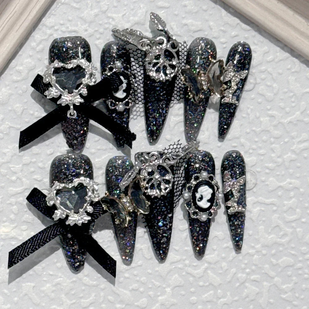 10Pcs Gothic Long Pointed Shape Pure Handmade Press On Nails Y2K Metal Chain Butterfly Knot Full Cover Fake Nails Gift Sticker