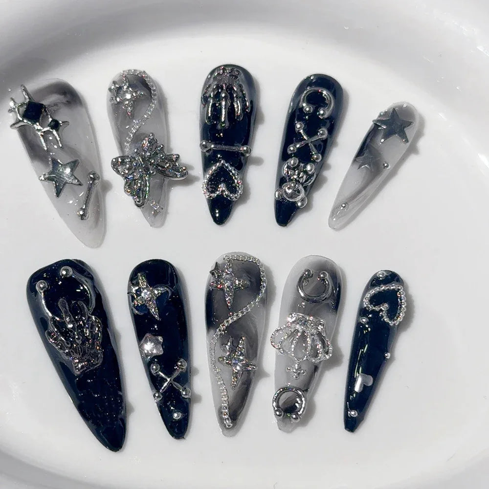 10Pcs Gothic Long Pointed Shape Pure Handmade Press On Nails Y2K Metal Chain Butterfly Knot Full Cover Fake Nails Gift Sticker