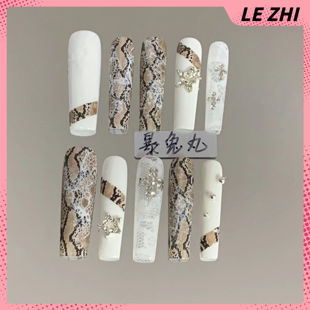 Y2K Punk Style Long Coffin Stiletto Handmade Fake Nails Spice Girls 3D Hello Kitty Flowers Heavy Metal Diamond Wearable Nails