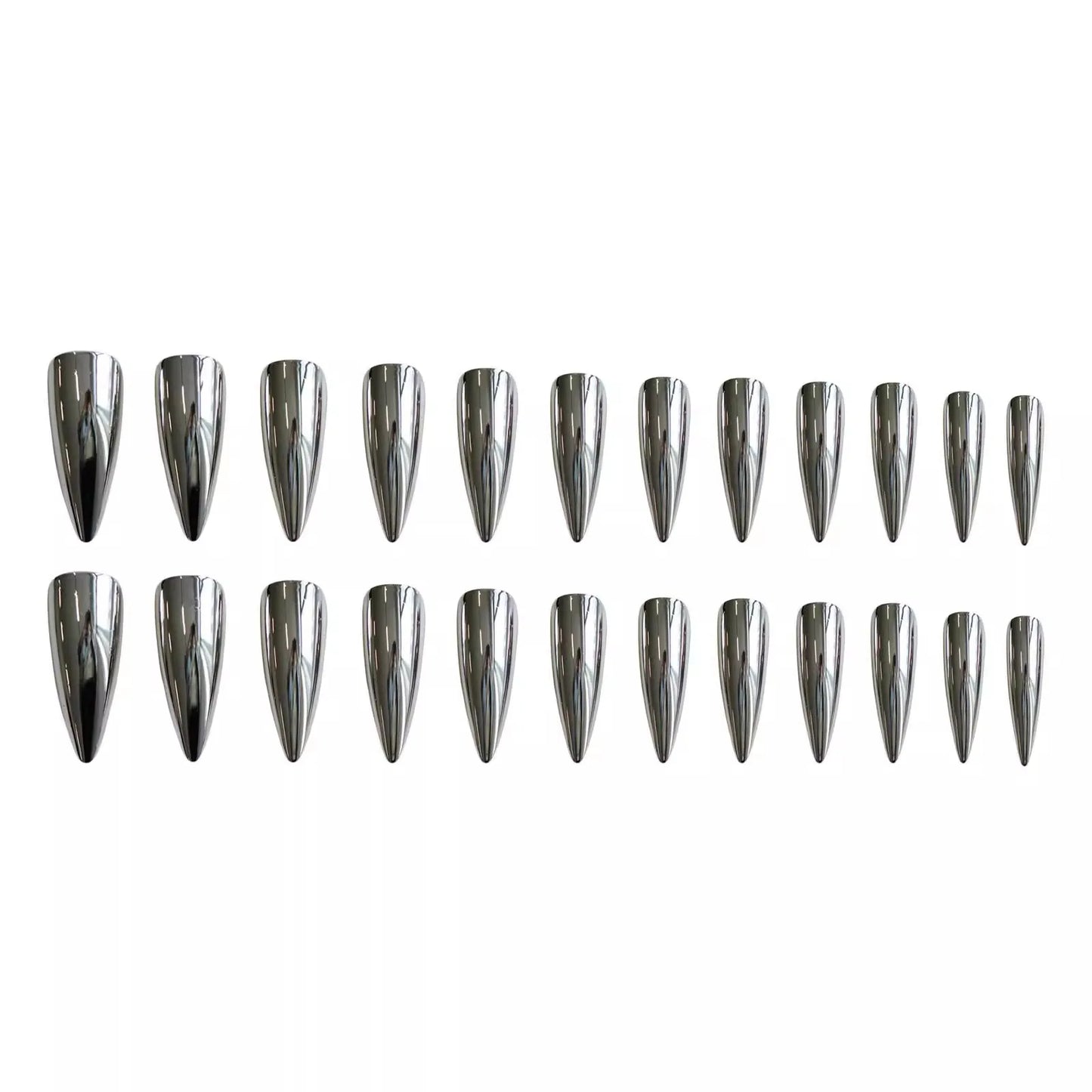 24pcs Punk Metal Fake Nails Press On Finished Long Pointed Silver Mirror y2k Nail Tips Full Cover Stiletto False Nails For Girl