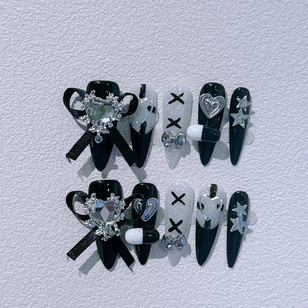 10Pcs Gothic Long Pointed Shape Pure Handmade Press On Nails Y2K Metal Chain Butterfly Knot Full Cover Fake Nails Gift Sticker