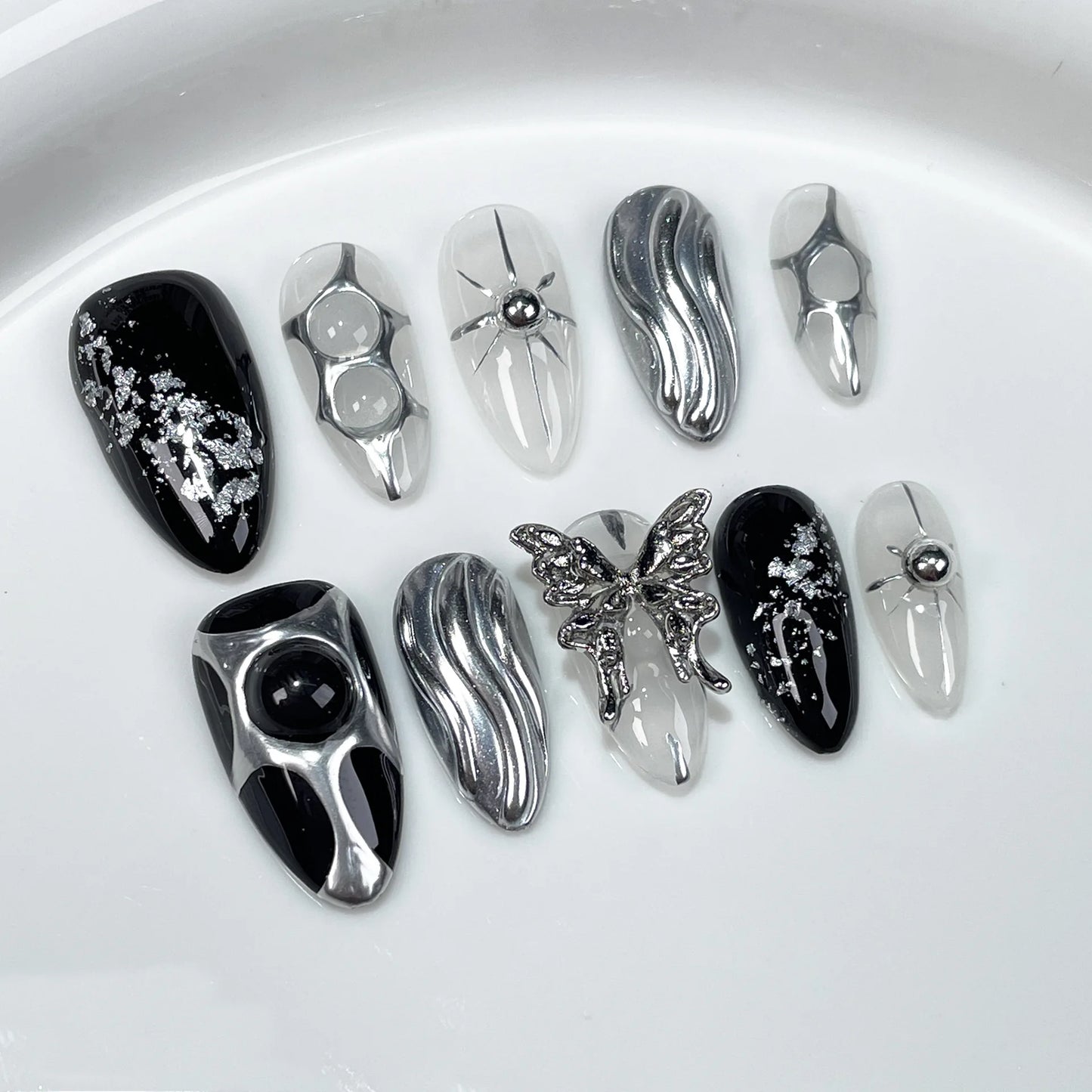 10Pcs Black Almond Handmade Press on Nails Butterfly Fake Nails Wearable Stick-on Nails Rose False Nail Uñas Postizas Uñas 네일팁