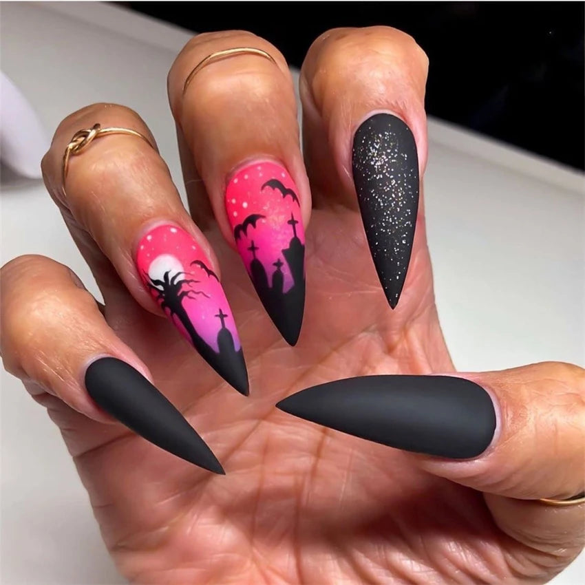 24Pcs/Set Dark Punk Skeleton Long Ballet Fake Nails Art Coffin Wearing Press on Nails False Artifical Acrylic Fake Nail Kits