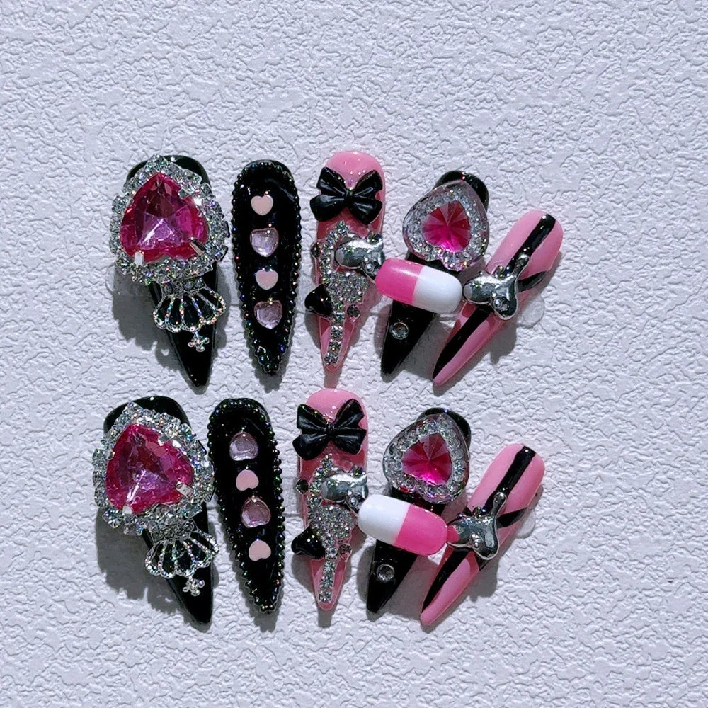 10Pcs Gothic Long Pointed Shape Pure Handmade Press On Nails Y2K Metal Chain Butterfly Knot Full Cover Fake Nails Gift Sticker