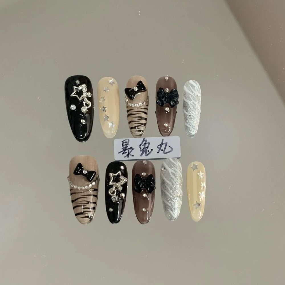 Y2K Punk Style Long Coffin Stiletto Handmade Fake Nails Spice Girls 3D Hello Kitty Flowers Heavy Metal Diamond Wearable Nails
